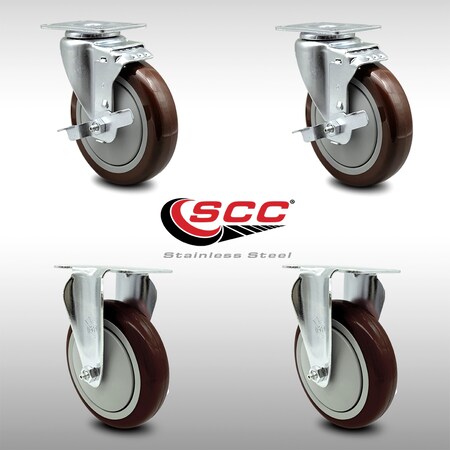 Service Caster 5 Inch SS Maroon Polyurethane Top Plate Caster Set with 2 Brake 2 Rigid SCC SCC-SS20S514-PPUB-MRN-TLB-2-R514-2